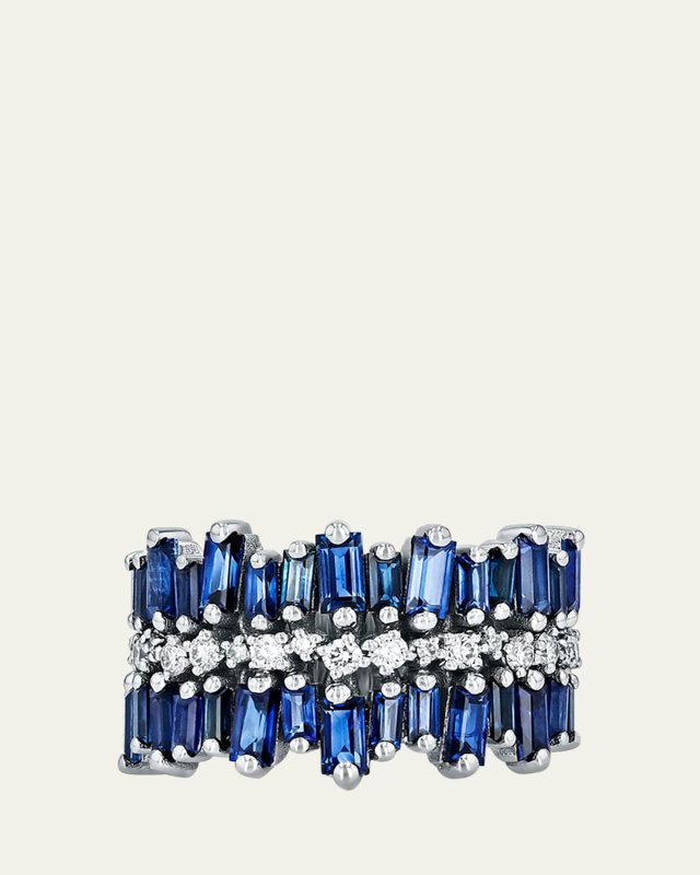 18K White Gold Double Row Halfway Band with Blue Sapphire Baguettes and White Diamonds